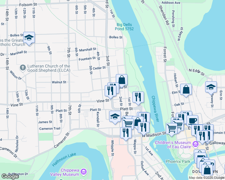 map of restaurants, bars, coffee shops, grocery stores, and more near 2027 3rd Street in Eau Claire