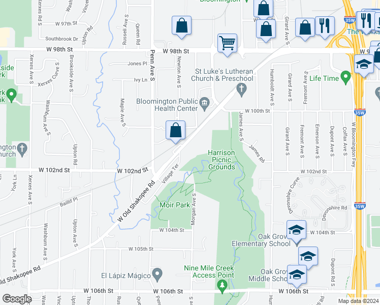 map of restaurants, bars, coffee shops, grocery stores, and more near 2041 West Old Shakopee Road in Bloomington