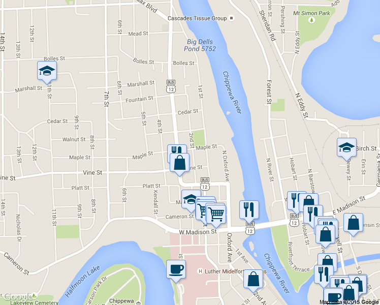 map of restaurants, bars, coffee shops, grocery stores, and more near 2032 2nd Street in Eau Claire