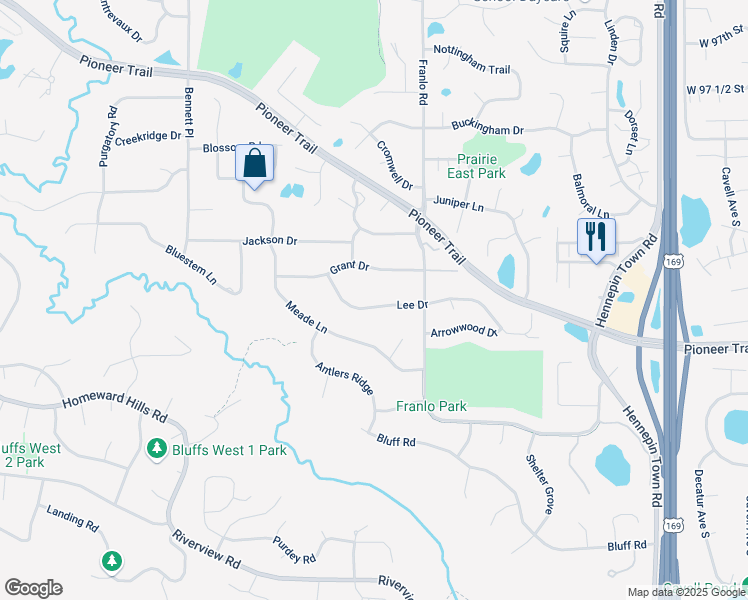 map of restaurants, bars, coffee shops, grocery stores, and more near 10562 Lee Drive in Eden Prairie