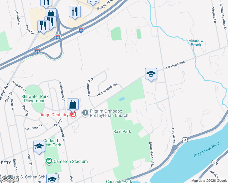 map of restaurants, bars, coffee shops, grocery stores, and more near 478 Mount Hope Avenue in Bangor