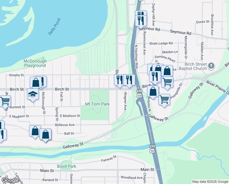 map of restaurants, bars, coffee shops, grocery stores, and more near 550 Starr Avenue in Eau Claire
