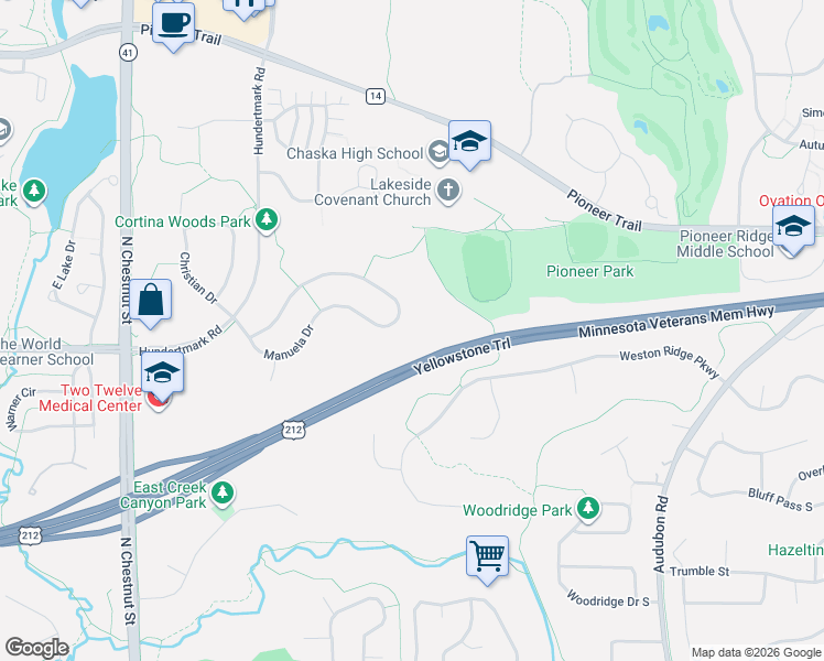 map of restaurants, bars, coffee shops, grocery stores, and more near 2201 Manuela Drive in Chaska