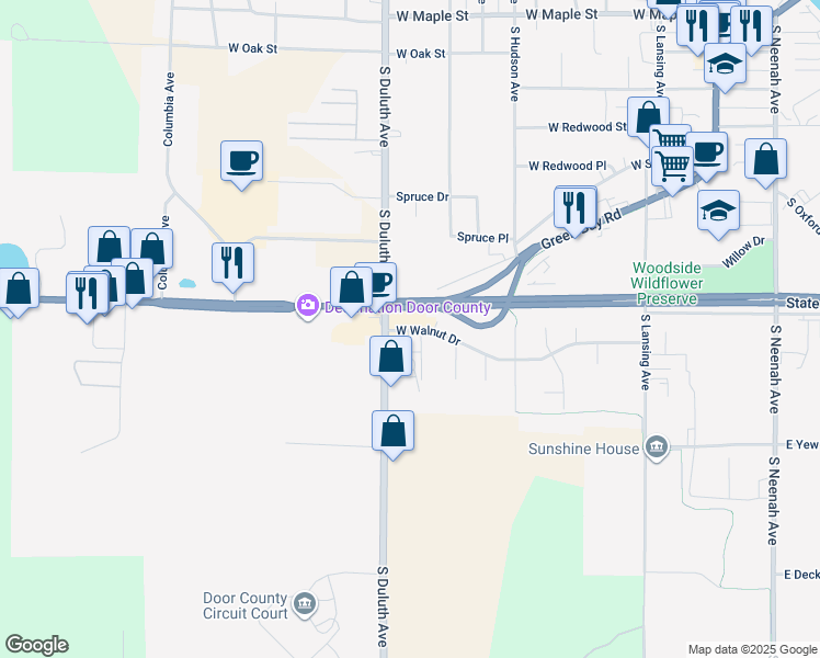 map of restaurants, bars, coffee shops, grocery stores, and more near 808 West Walnut Drive in Sturgeon Bay