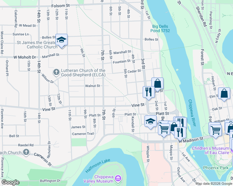 map of restaurants, bars, coffee shops, grocery stores, and more near 606 Maple Street in Eau Claire