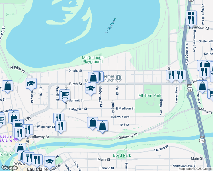 map of restaurants, bars, coffee shops, grocery stores, and more near 538 Spring Street in Eau Claire