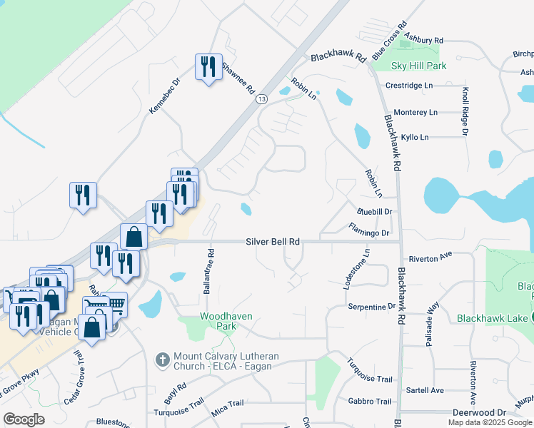 map of restaurants, bars, coffee shops, grocery stores, and more near 1903 Silver Bell Road in Eagan