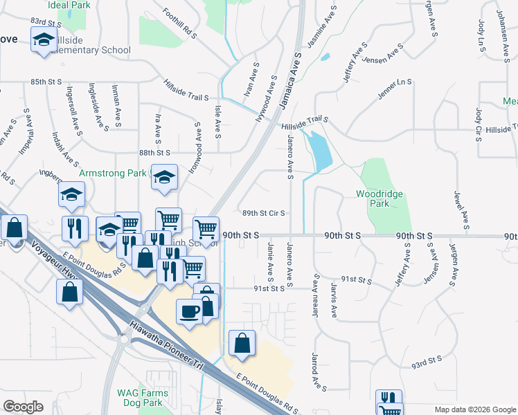 map of restaurants, bars, coffee shops, grocery stores, and more near 8927 89th Street Circle South in Cottage Grove