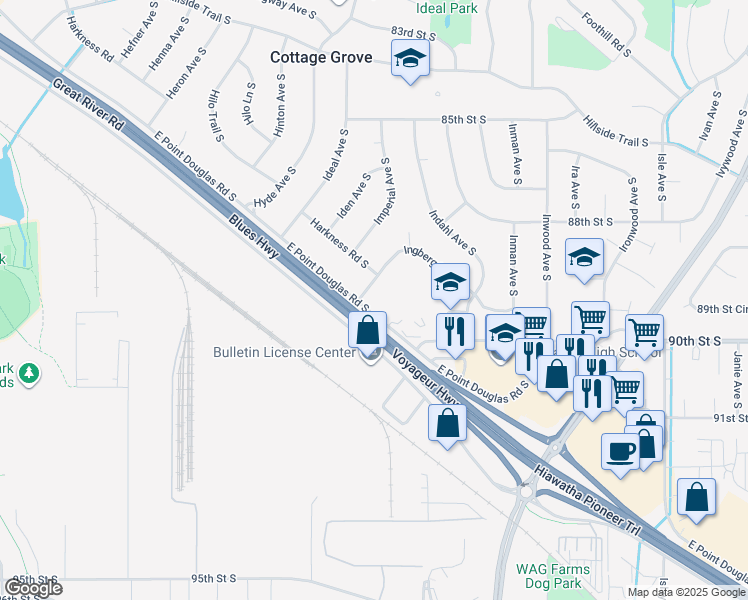 map of restaurants, bars, coffee shops, grocery stores, and more near 8120 East Point Douglas Road South in Cottage Grove