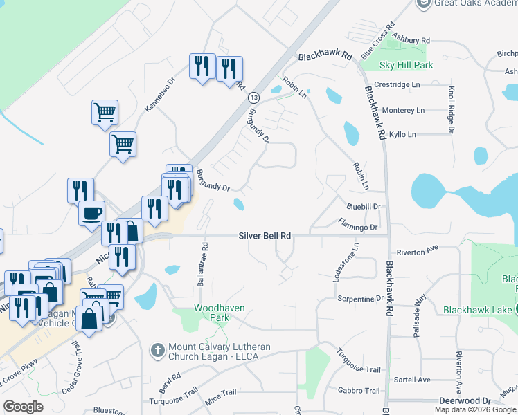 map of restaurants, bars, coffee shops, grocery stores, and more near 1903 Silver Bell Road in Eagan