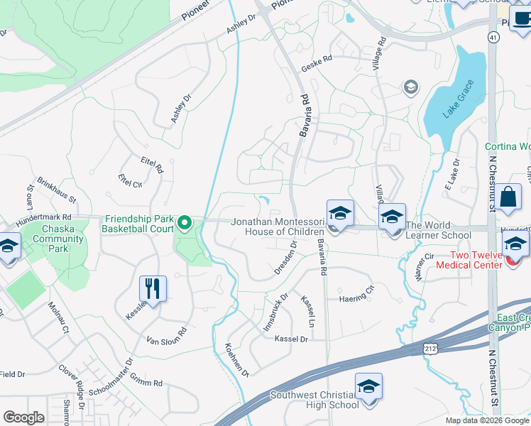 map of restaurants, bars, coffee shops, grocery stores, and more near 112714 Hundertmark Road in Chaska