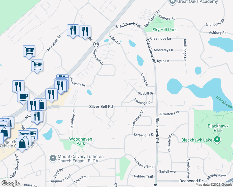 map of restaurants, bars, coffee shops, grocery stores, and more near 1855 Silver Bell Road in Saint Paul