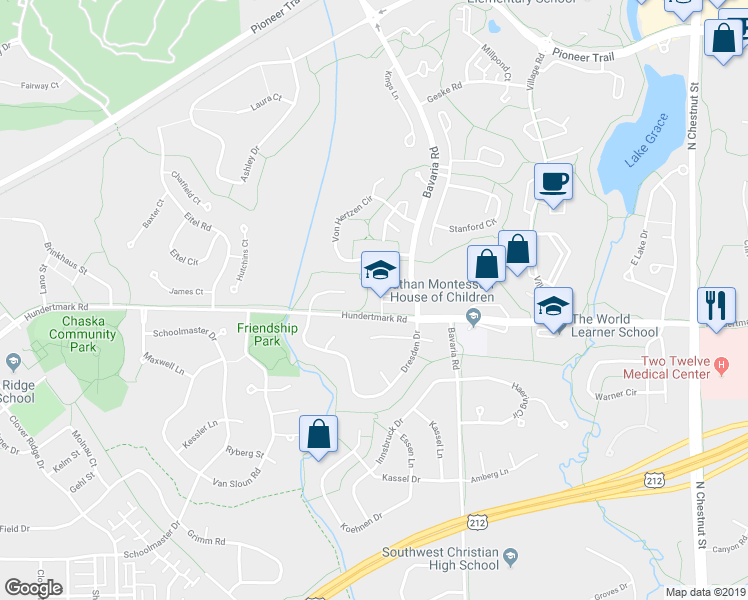 map of restaurants, bars, coffee shops, grocery stores, and more near 112714 Hundertmark Road in Chaska