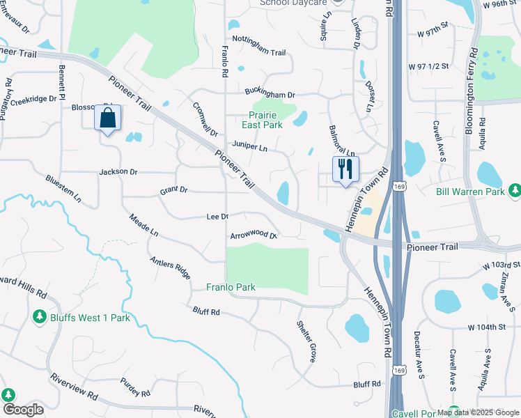 map of restaurants, bars, coffee shops, grocery stores, and more near 10211 Lee Drive in Eden Prairie
