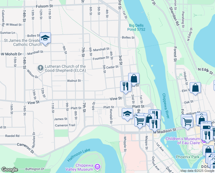 map of restaurants, bars, coffee shops, grocery stores, and more near 425 Maple Street in Eau Claire