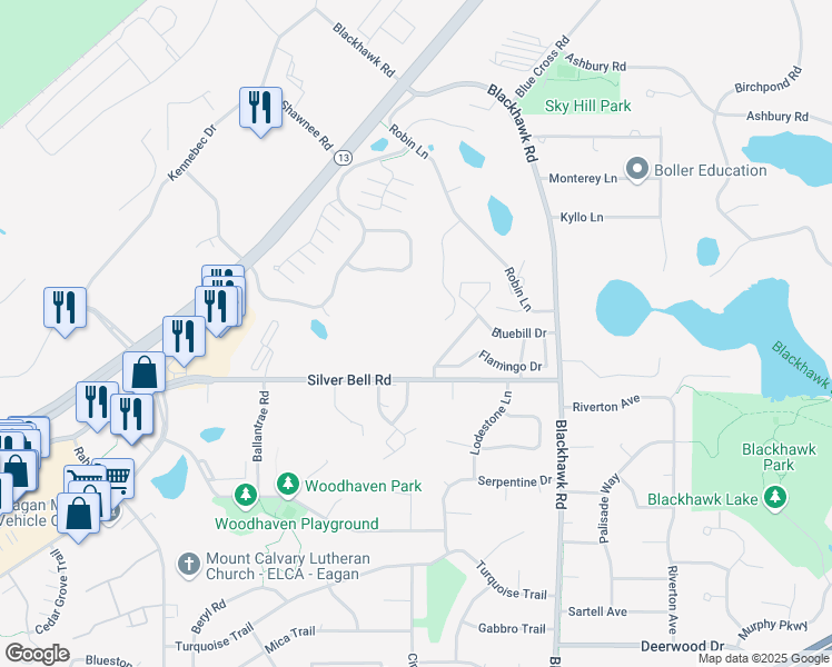 map of restaurants, bars, coffee shops, grocery stores, and more near 1855 Silver Bell Road in Saint Paul