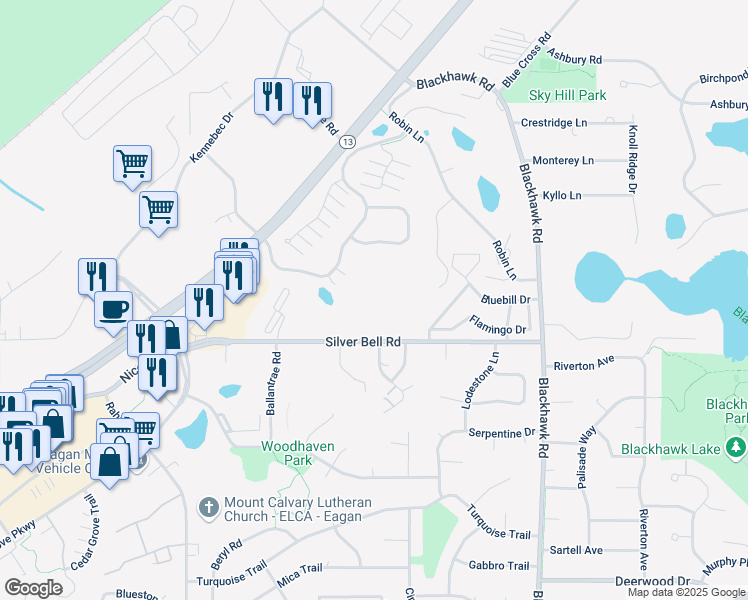 map of restaurants, bars, coffee shops, grocery stores, and more near 1887 Silver Bell Road in Eagan
