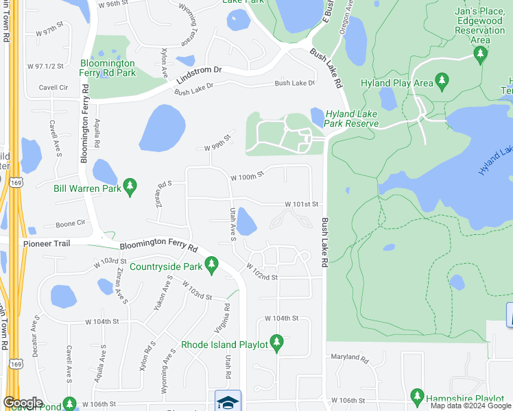 map of restaurants, bars, coffee shops, grocery stores, and more near 7601 West 101st Street in Minneapolis