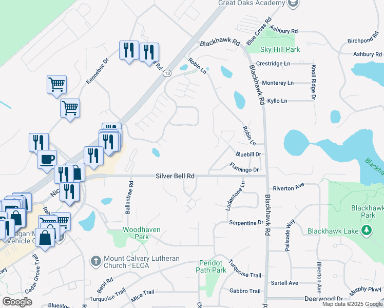 map of restaurants, bars, coffee shops, grocery stores, and more near 1855 Silver Bell Road in Saint Paul