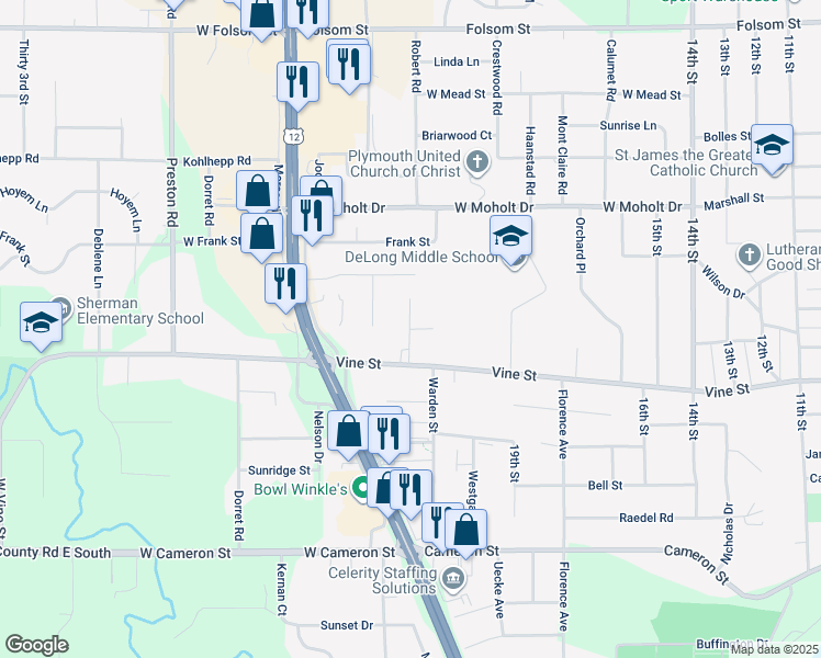map of restaurants, bars, coffee shops, grocery stores, and more near 2209 Vine Court in Eau Claire
