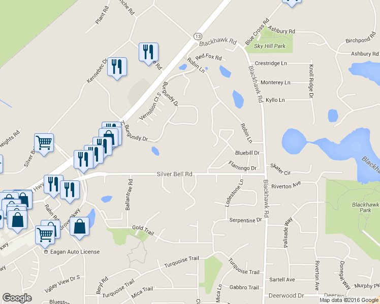 map of restaurants, bars, coffee shops, grocery stores, and more near 1887 Silver Bell Road in Eagan