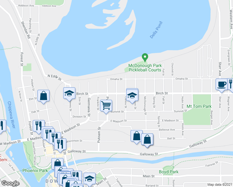 map of restaurants, bars, coffee shops, grocery stores, and more near Birch St & Cochrane St in Eau Claire