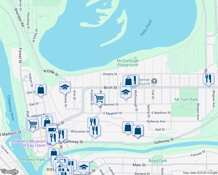map of restaurants, bars, coffee shops, grocery stores, and more near Cochrane Street in Eau Claire