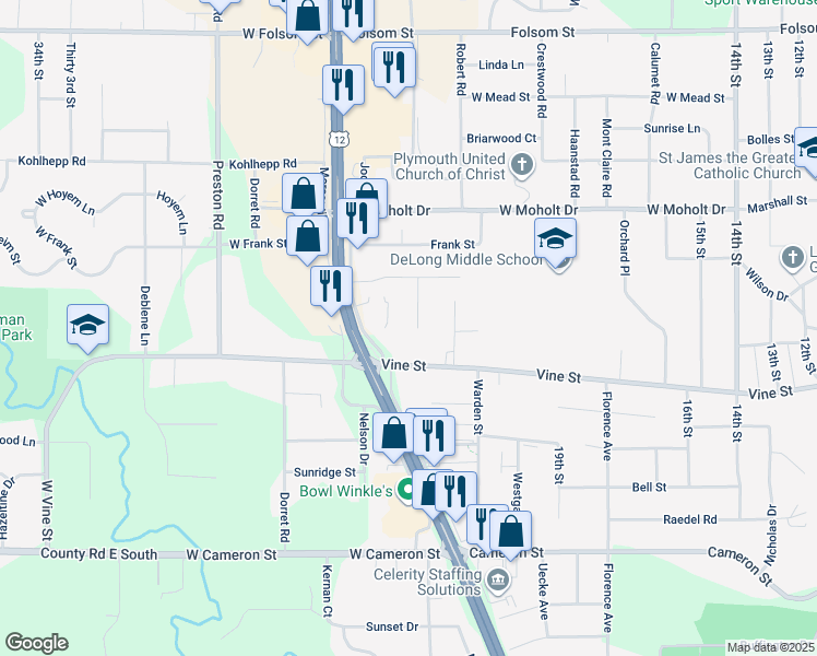 map of restaurants, bars, coffee shops, grocery stores, and more near 2316 Vine Street in Eau Claire
