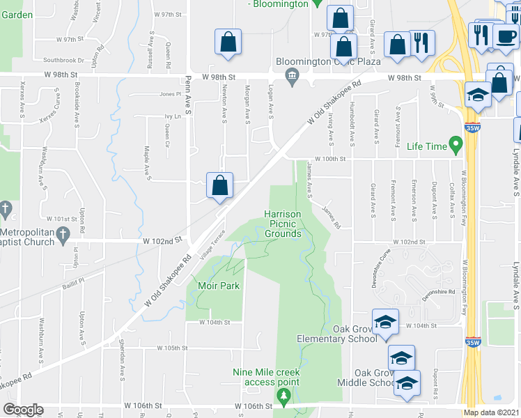 map of restaurants, bars, coffee shops, grocery stores, and more near 1955 West Old Shakopee Road in Bloomington