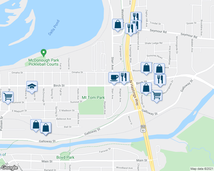 map of restaurants, bars, coffee shops, grocery stores, and more near 2100 Birch Street in Eau Claire
