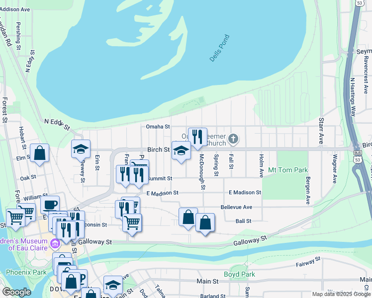 map of restaurants, bars, coffee shops, grocery stores, and more near 601 Balcom Street in Eau Claire