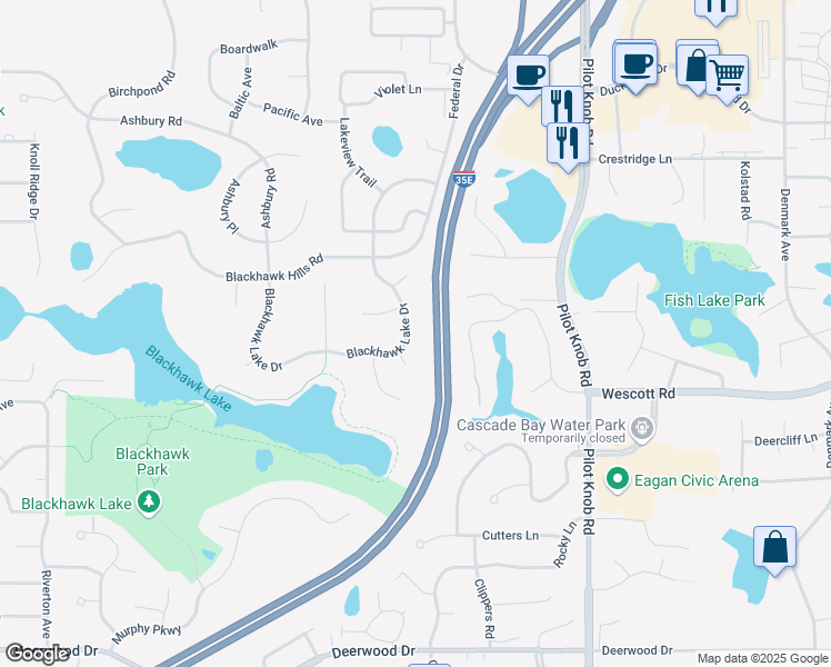 map of restaurants, bars, coffee shops, grocery stores, and more near 1490 Blackhawk Lake Drive in Eagan