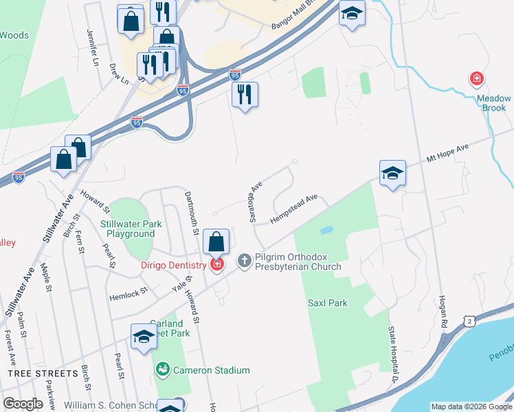 map of restaurants, bars, coffee shops, grocery stores, and more near 16 Hempstead Avenue in Bangor
