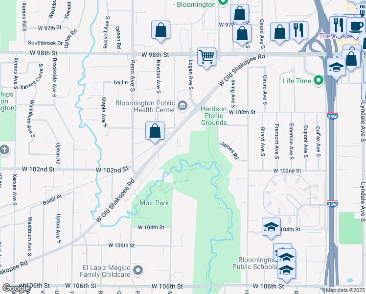 map of restaurants, bars, coffee shops, grocery stores, and more near 1955 West Old Shakopee Road in Bloomington