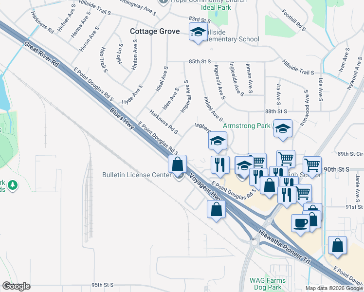 map of restaurants, bars, coffee shops, grocery stores, and more near 8120 East Point Douglas Road South in Cottage Grove