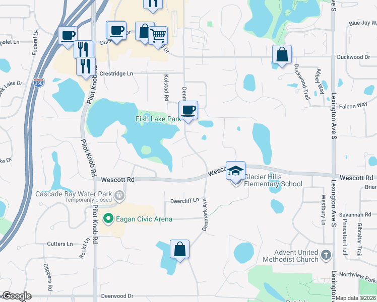 map of restaurants, bars, coffee shops, grocery stores, and more near 3745 Denmark Trail West in Eagan