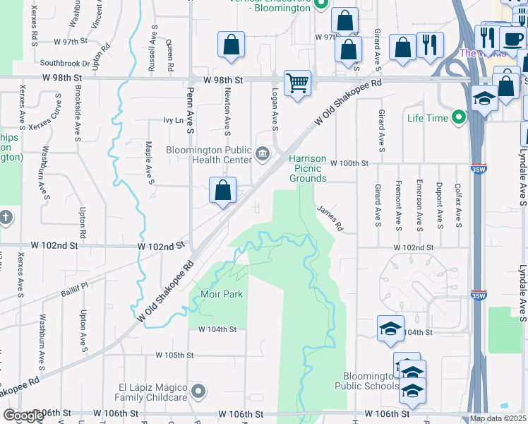map of restaurants, bars, coffee shops, grocery stores, and more near 1945 West Old Shakopee Road in Minneapolis