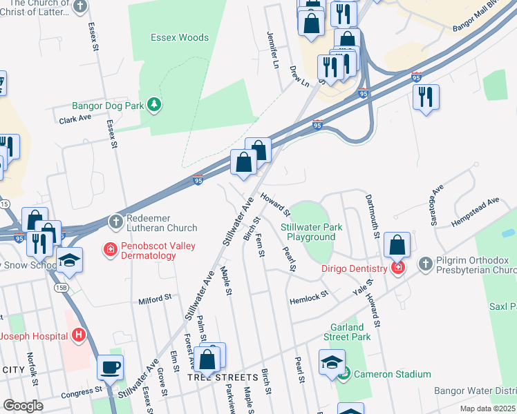 map of restaurants, bars, coffee shops, grocery stores, and more near 458 Birch Street in Bangor