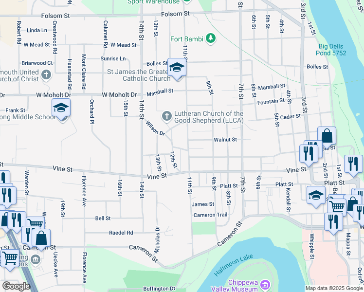 map of restaurants, bars, coffee shops, grocery stores, and more near 2045 12th Street in Eau Claire