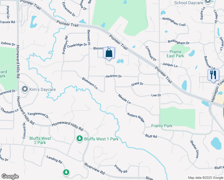 map of restaurants, bars, coffee shops, grocery stores, and more near 10140 Meade Lane in Eden Prairie