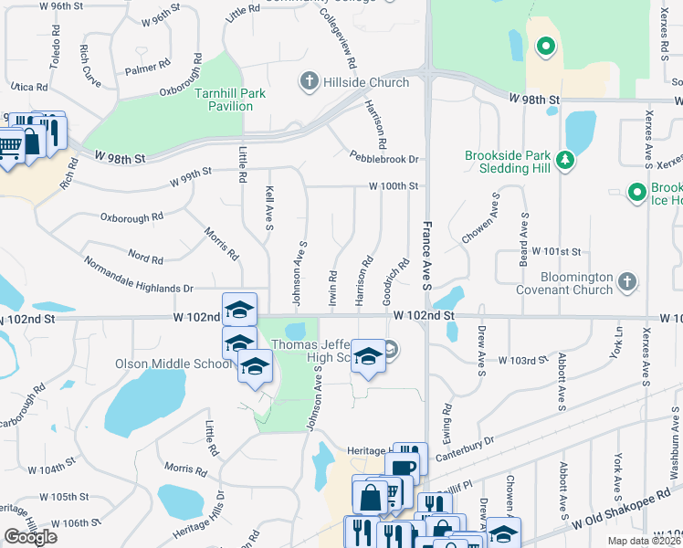 map of restaurants, bars, coffee shops, grocery stores, and more near 10140 Harrison Road in Minneapolis