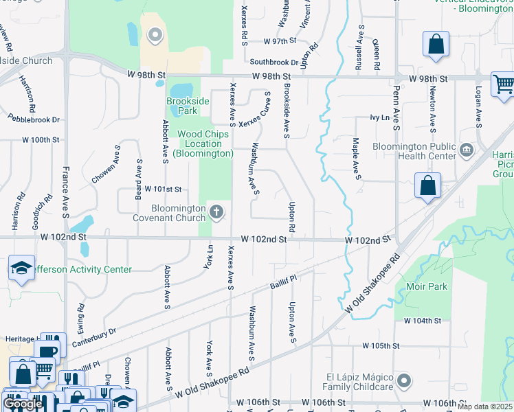 map of restaurants, bars, coffee shops, grocery stores, and more near 2917 West 101st Street in Minneapolis