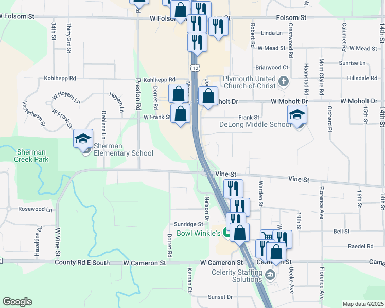 map of restaurants, bars, coffee shops, grocery stores, and more near 2106 North Clairemont Avenue in Eau Claire