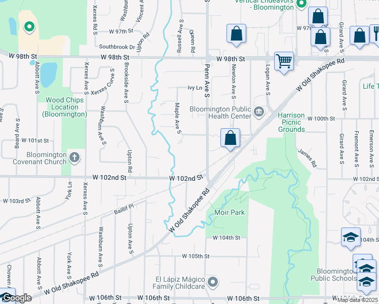 map of restaurants, bars, coffee shops, grocery stores, and more near 2400 West 102nd Street in Bloomington