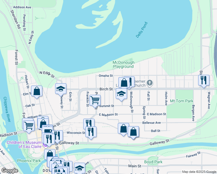 map of restaurants, bars, coffee shops, grocery stores, and more near 537 Cochrane Street in Eau Claire