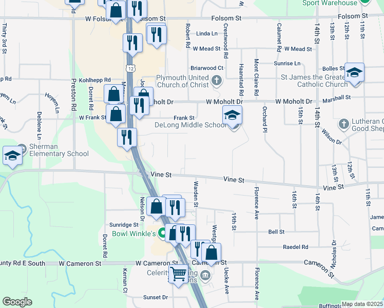 map of restaurants, bars, coffee shops, grocery stores, and more near 2209 Vine Court in Eau Claire