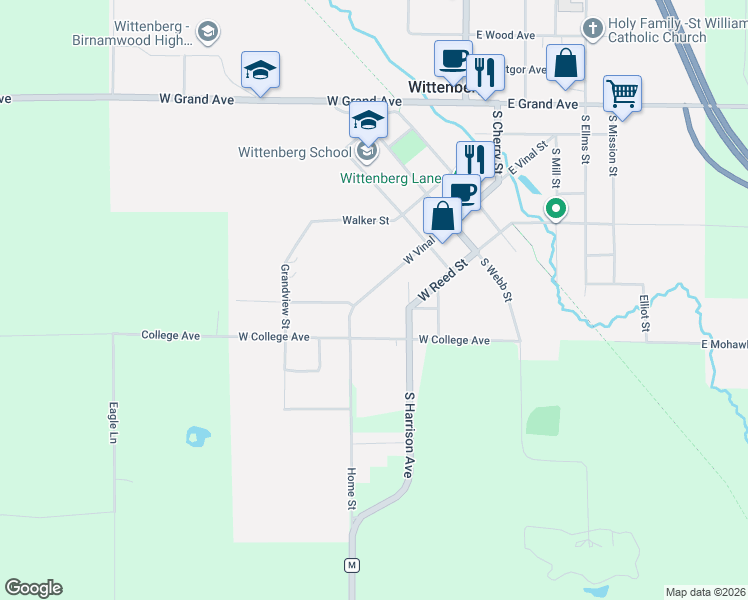map of restaurants, bars, coffee shops, grocery stores, and more near 406 West College Avenue in Wittenberg