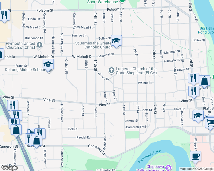 map of restaurants, bars, coffee shops, grocery stores, and more near 2043 13th Street in Eau Claire
