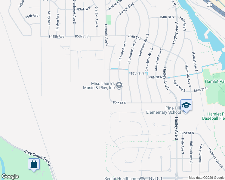 map of restaurants, bars, coffee shops, grocery stores, and more near 8926 Granada Avenue South in Cottage Grove