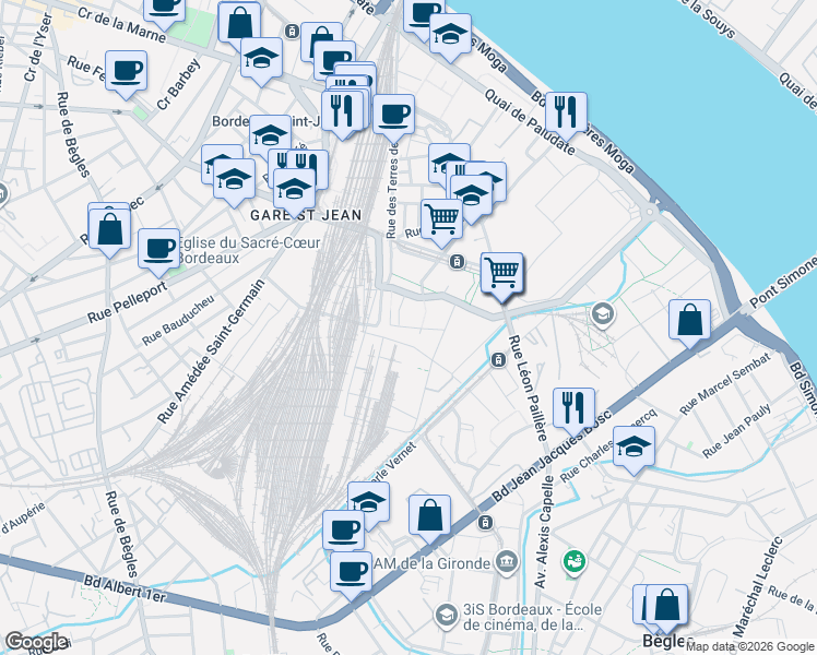 map of restaurants, bars, coffee shops, grocery stores, and more near in Bordeaux